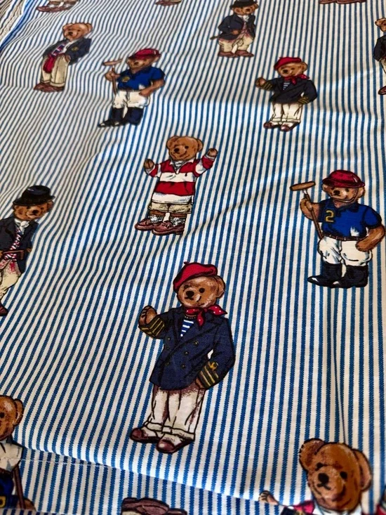 Ralph Lauren Vintage Polo Preppy Teddy Bear Blue Striped Flat Sheet Twin Size - Picture 2 of 5